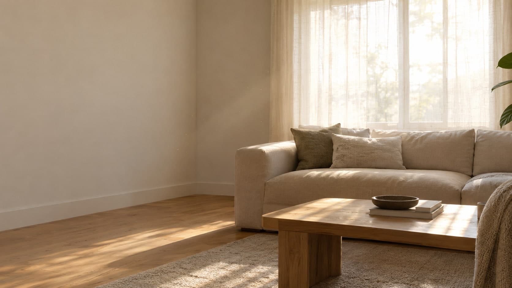 A clean, sunlit, finished basement living space after mold remediation — bright walls, warm morning light through a window, no visible damage